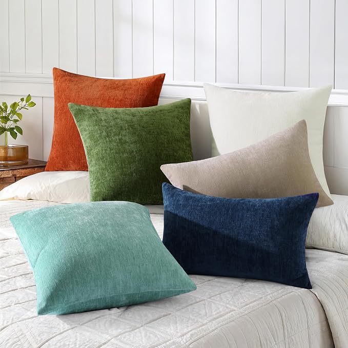 decorUhome Soft Chenille Aqua Haze Throw Pillow Covers 22X22 Set of 2 | Decorative Fall Couch Pillow Covers Solid Dyed Accent Modern Euro Sham Farmhouse Neutral Square Pillow Cases for Sofa