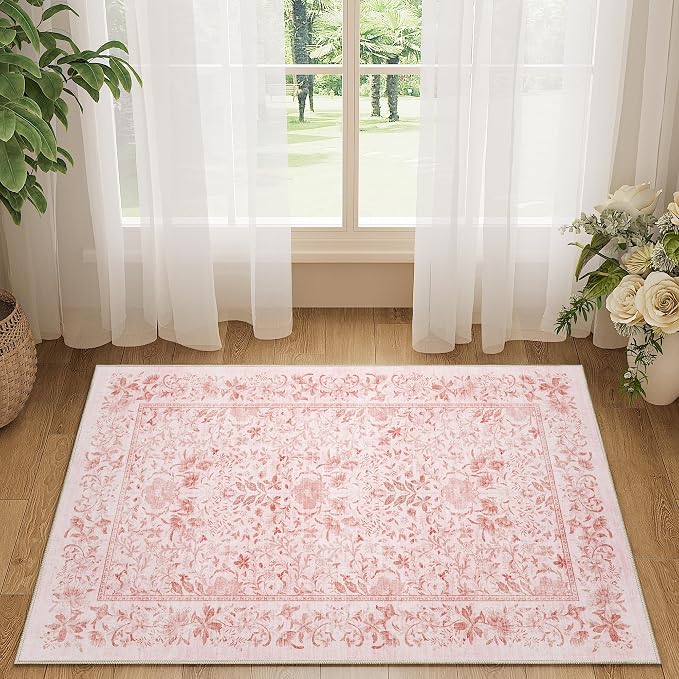 DUKINO 2x3 Entryway Rug, Washable Vintage Floral Area Rug, Pink | Non Slip, Low Pile, Non-Shedding, Soft Indoor Door Mat, Small Front Door Throw Carpet for Bathroom Kitchen Entrance Bedroom