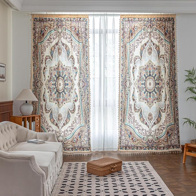 Brown Medallion Curtains 102 Inches Long, Vintage Paisley Boho Farmhouse Light Filtering Rod Pocket Drapes with Tassel Trim for Bedroom Living Room, 2 Panels