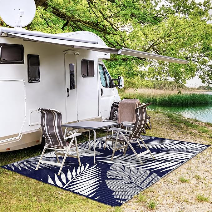 GENIMO Outdoor Rug 5' x 8' Waterproof for Patios Clearance, Reversible Outdoor Plastic Straw Camping Rug Carpet, Large Area Rugs Mats for RV, Picnic, Backyard, Deck, Balcony, Porch, Beach, Blue&White | Outside Larger Leaf Carpet Mat for Porch Decor, De...