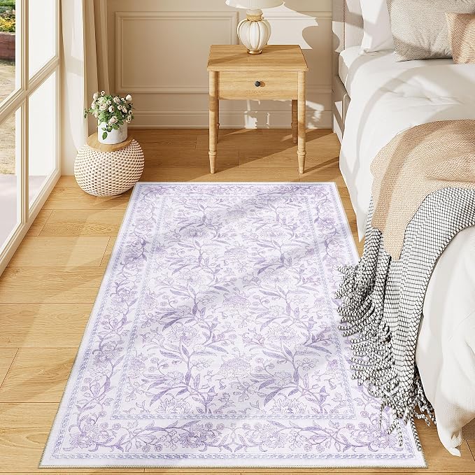 DUKINO 3x5 Rug, Washable Vintage Floral Bedroom Area Rug Non Slip, Purple | Low Pile, Non-Shedding, Stain Resistant Boho Lightweight Soft Indoor Carpet for Bathroom Office Dining Living Room Farmhouse