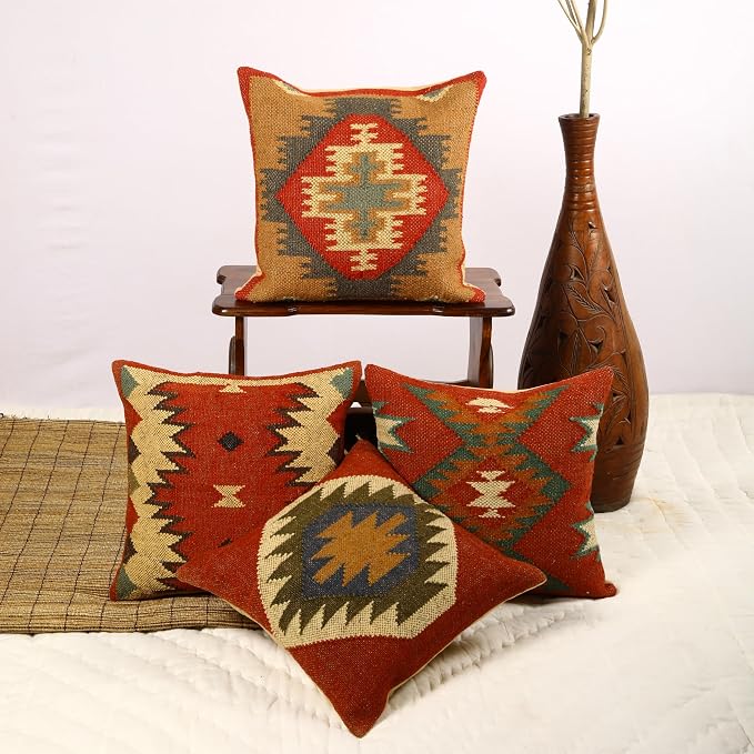 Trade Star 70% Jute 30% Wool Cushion Cases Ethnic Pillow Shams Rug Pillow Covers Handloomed Pillow Cases Throw Pillow Cover Handwoven Pillowcase Set of 4 Kilim Cushion Covers (Kilim 2)