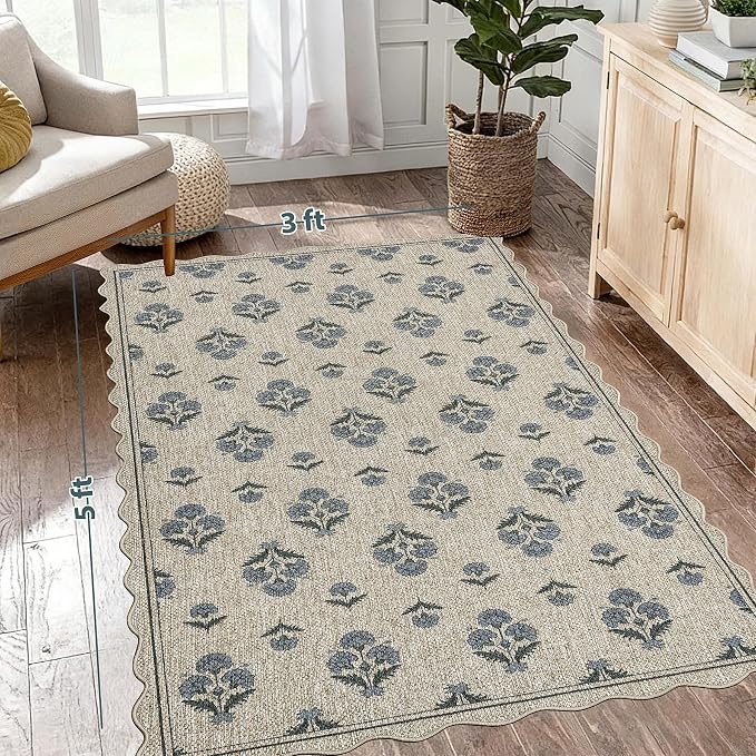 ORTIGIA Scalloped Easy Jute 3x5 Area Rug Vintage Blue Block Floral Farmhouse Washable Rug Non-Slip Indoor Outdoor Carpet for Living Room Bedroom Kitchen Patio Entryway