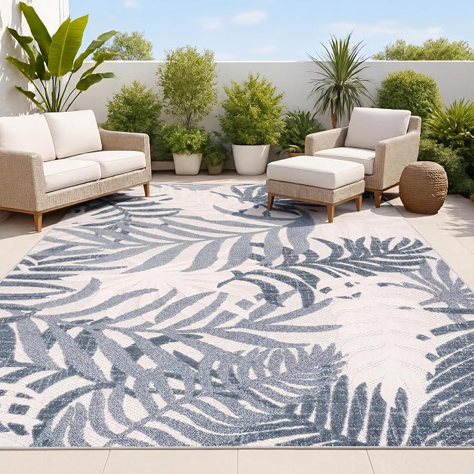 JONATHAN Y Tropics Palm Leaves Indoor Outdoor Area Rug 3x5 Cream/Dark Blue | Ships Rolled, Durable Flat Weave, Lays Flat for Backyard, Patio, Porch, Easy-Cleaning, High Traffic,Pet-Friendly,Non-Shedding
