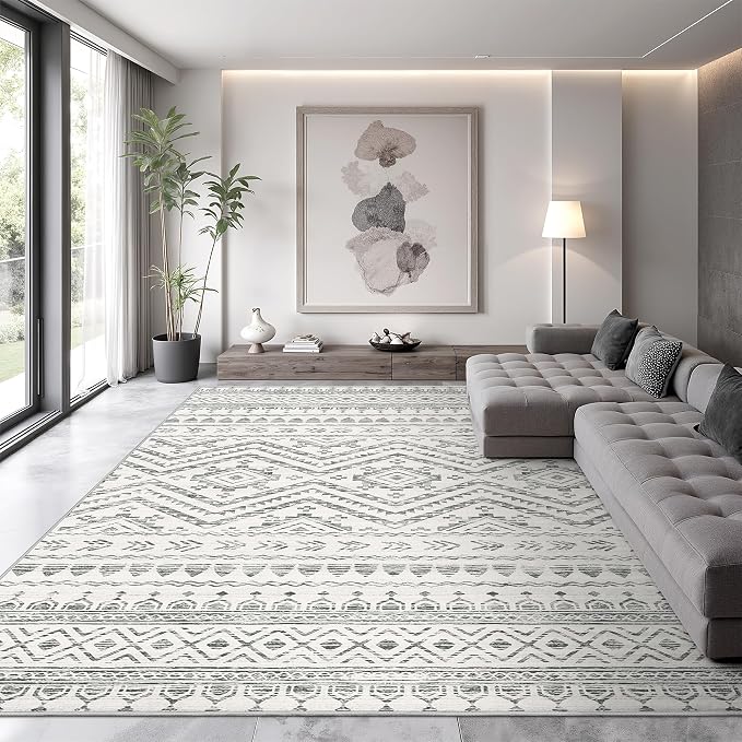 Miukiki 9x12 Area Rug for Living Room Moroccan Washable Rugs Non Slip Indoor Floor Carpet Foldable Large Soft Area Rug for Dining Room Bedroom with Low Pile(Grey,9'x12')