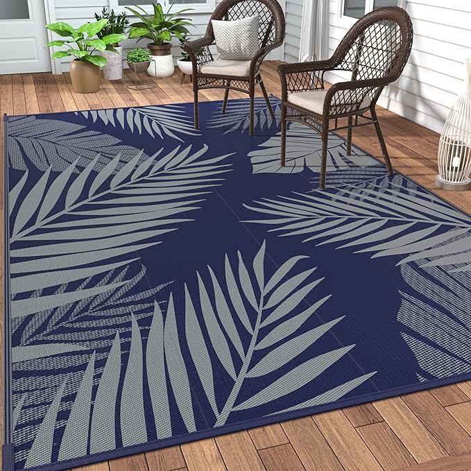 GENIMO Outdoor Rug, Waterproof Plastic Rugs for Patio, 9'x12' Blue Grey | Outside Larger Leaf Carpet Mat for Porch Decor, Deck, Balcony, Camping, RV, Backyard, Picnic, Beach, Reversible, Foldable