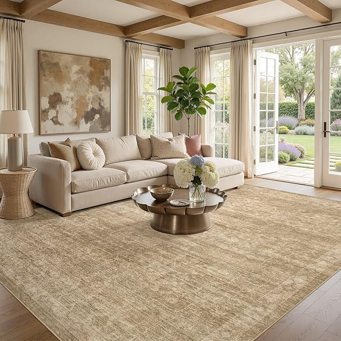Nakagishi 8x10 Area Rugs Living Room: Washable Large Vintage Rug Neutral Non-Slip Soft Stain Resistant Indoor Carpet for Bedroom Nursery Dining Room Office Playroom - Dark Brown