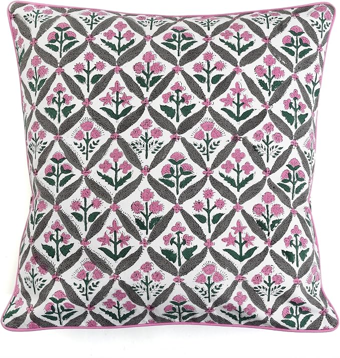 Ridhi Block Print Pink and White Pillow Cover 20" x 20" (Pack of 2) Decorative Couch Pillows for Living Room, Chic Boho Cute Outdoor Pillows Covers Gifts for Spring, Easter and Valentine