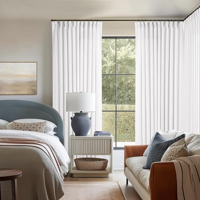 TWODRAPES Extra Wide 102 Inch Long Curtains 70 Inch Width Pinch Pleat Linen Curtains for Living Room BedroomLight Filtering Privacy Pleated Hooks Rings Back Tab for Sliding Door White 1 Panel