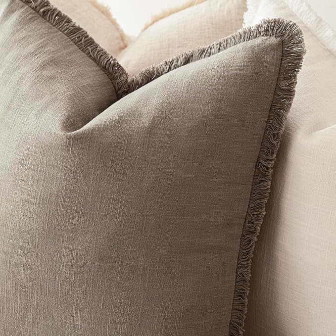 Foindtower Set of 2 Decorative Linen Fringe Lumbar Throw Pillow Covers Boho Farmhouse Cushion Cover with Tassels Soft Accent Pillowcase for Couch Sofa Bed Living Room Home Decor,12×20 Inch,Brown Tan