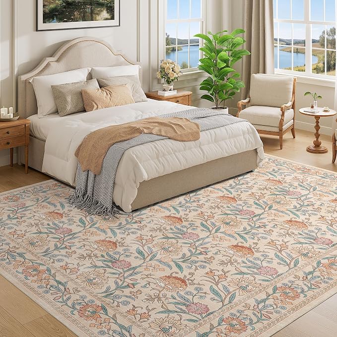 DUKINO 8x10 Area Rug, Vintage Floral Washable Rugs for Living Room, Beige | Non Slip, Low Pile, Non-Shedding, Stain Resistant Boho Soft Indoor Large Carpet for Bedroom Dining Room Farmhouse, Home Decor