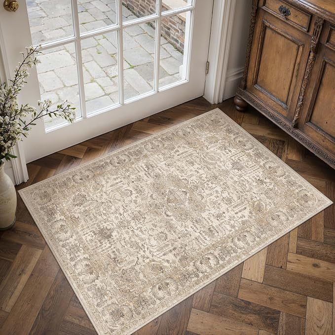 HUGEAR 2x3 Entryway Rug Beige Machine Washable Rug Room Decor Vintage Distressed Small Area Rugs Indoor Door Mat Low Pile Non Slip Carpet for Kitchen Living Bedroom Soft Lightweight