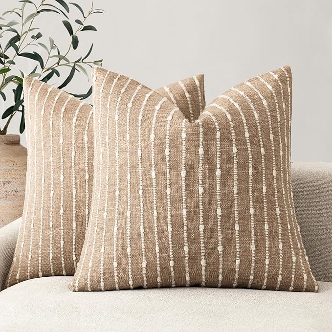 Foindtower Pack of 2 Decorative Jacquard Boucle Throw Pillow Covers Accent Textured Striped Pillowcases Soft Cozy Boho Modern Cushion for Couch Sofa Bedroom Living Room Home Decor 22x22 Inch Camel