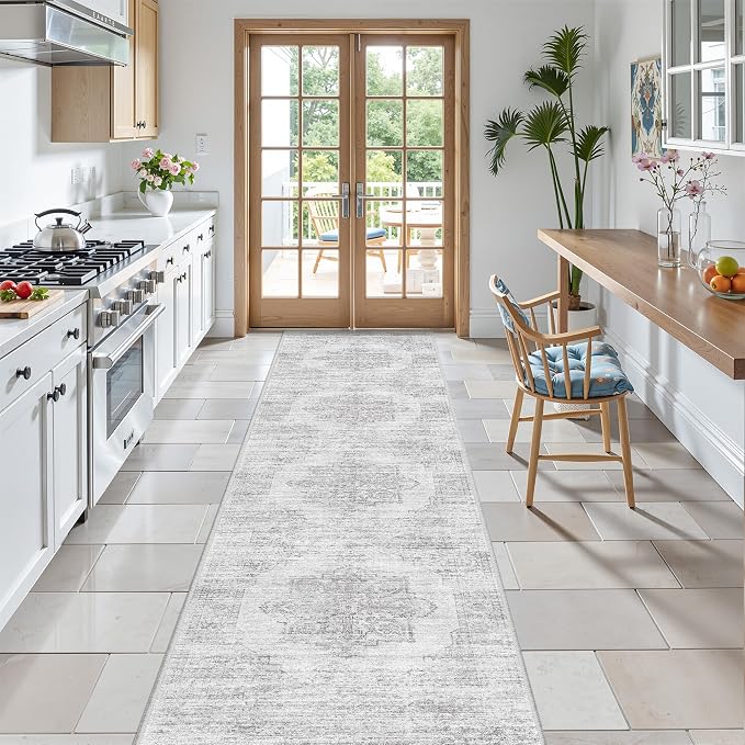 2x8 Runner Rug Non Slip,Washable Hallway Runner Rug,Grey | Neutral Rugs for Kitchen,Entryway,Bedroom,Bathroom,Nursery Room,Thin,Soft Runner Rug,Stain Resistant Indoor Carpet