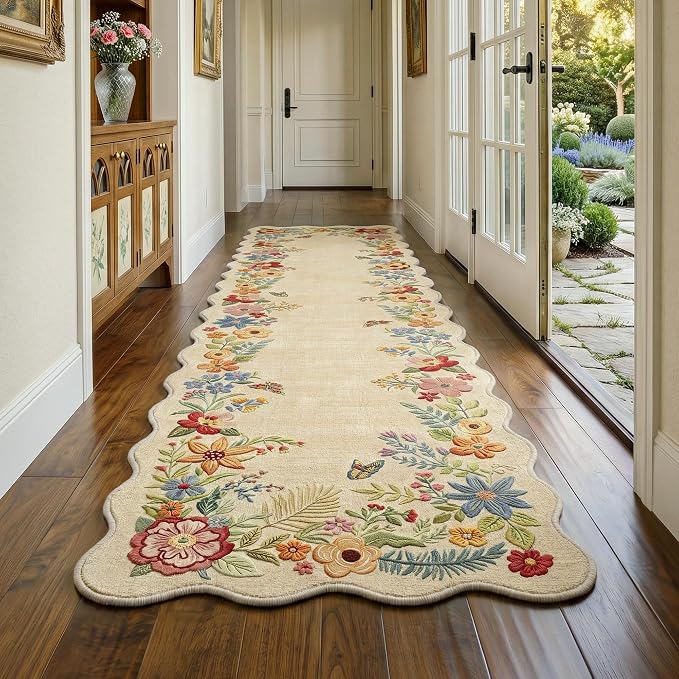 FMFUNCTEX 2x8 Hallway Runner Rug Washable Beige Floral Vintage Scalloped | Flower Colorful Traditional Boho Non Slip Low Pile Pattern Indoor Carpet Entryway Rugs Kitchen Bedroom Laundry Entry Bedside