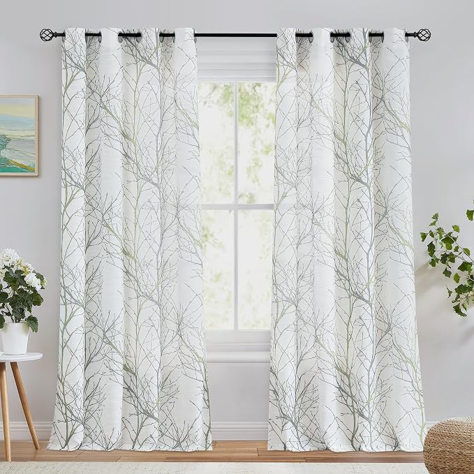 FMFUNCTEX Linen Sage Green White Semi Sheer Curtains 108 Inch Long 2 Panels | Extra Long Sheer Branch Patterned Drapes, Light Filtering Grommet Panels for Tall Bedroom, Living Room, and Farmhouse Windows
