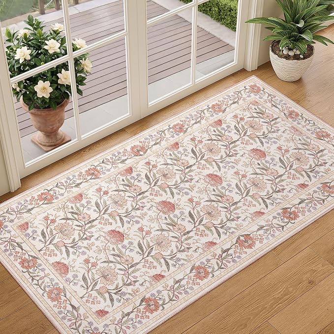 DUKINO 2x4 Rug, Washable Vintage Floral Entryway Rug Non Slip, Beige Pink | Low Pile, Non-Shedding, Stain Resistant Boho Lightweight Soft Indoor Carpet for Kitchen Bathroom Hallway Laundry Farmhouse