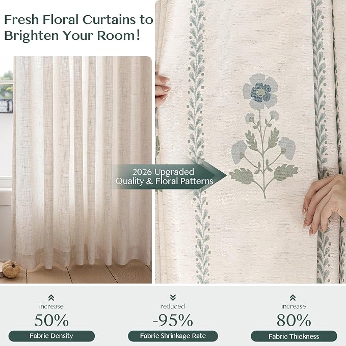 THREE GIRLS Pinch Pleated Curtains for Living Room Bedroom Dining Room - 120 Inches Light Filtering Floral Curtains Luxury Linen Drapes Farmhouse Window Curtains with Hooks - 2 Panels Set