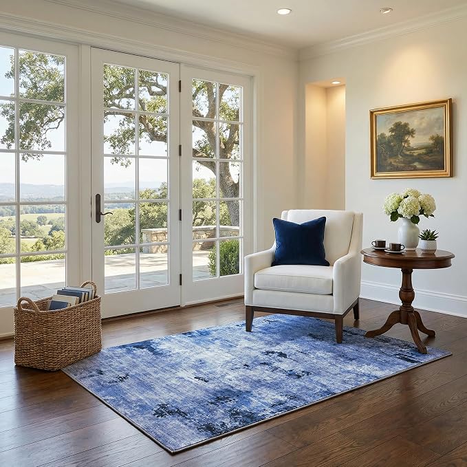 Washable Area Rug, Non-Slip Abstract Distressed Rugs, Ultra Soft 0.26" Low Pile Carpet for Entryway Bedroom Bedsides, Water-Resistant & Foldable, 3'x5', Blue