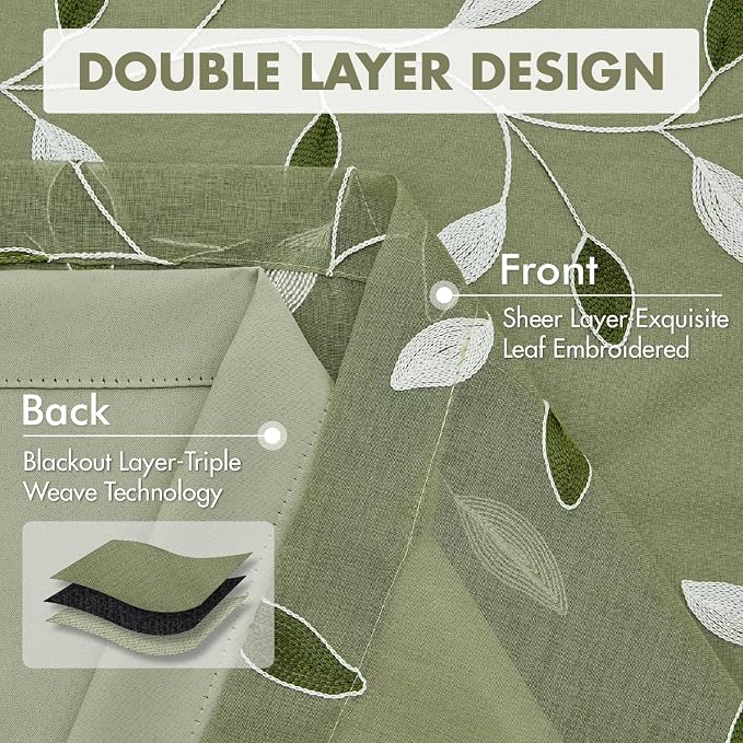 MIULEE Double Layer Curtains 63 Inches Long, White Leaf Patterned Sheer Floral Drapes and Sage Green Blackout Room Darkening Curtains for Living Room Bedroom, Grommets Top, 52" W x 63" L, 2 Panels