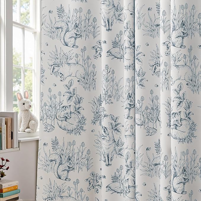 jinchan Blue Blackout Curtains 63 Inch Whimsical Back Tab 2 Panels | Room darkening,nursery kids bedroom,privacy,whimsical,cottagecore,bunny pattern,botanical,nature-inspired decor