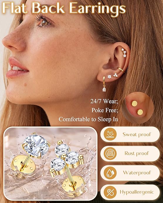MILACOLATO Hypoallergenic Flat Back Earrings 14K Gold Plated Cartilage Earring Sets for Multiple Piercing 20G Surgical Stainless Steel Earrings for Women Trendy Earring Stacks Small Hoop Flatback Stud Earrings