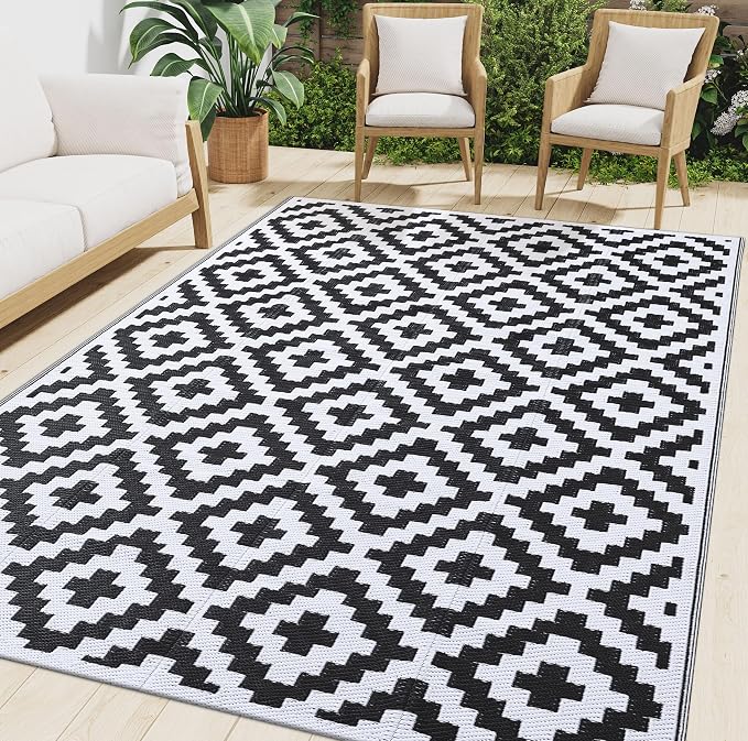 Smiry Waterproof Outdoor Rug 9X18 ft, Reversible Plastic Straw Patio Camping Rugs, Outdoor Indoor RV Mat Carpet for Patio, Outside Entry, Backyard, Deck, Bench, Picnic, Camper, Black & White