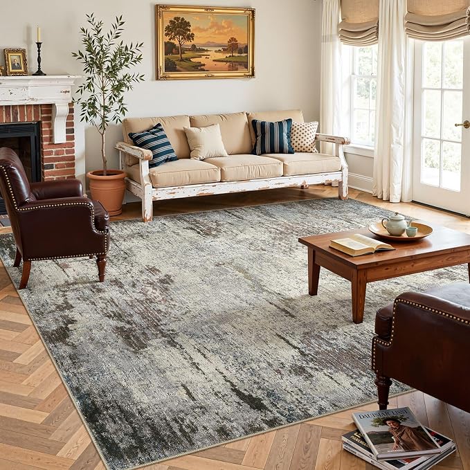 DMOYEST Area Rug Living Room Rugs - 10x12 Washable Large Soft Indoor Neutral Modern Abstract Low Pile Rug Carpet for Bedroom Dining Room Farmhouse Home Office - Brown Rust
