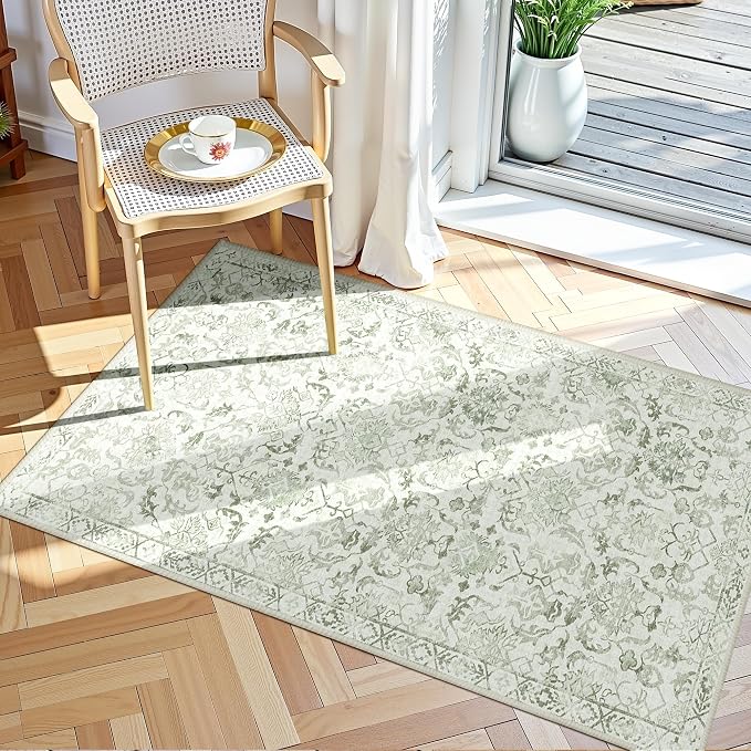 Sage Green 2x4 Runner Rug for Hallways Bed Side Kitchen, Boho Washable Distressed Low-Pile Floor Entryway Long Bathroom Mat, Non-Slip Laundry Room Washstand Front Carpet Green 24x48 Inch