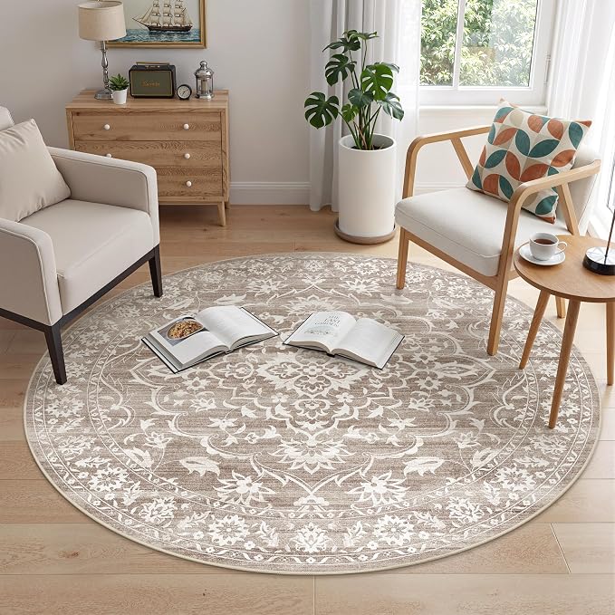 Soalmost Washable Round Rug 5ft for Living Room,Soft Circle Rug Light Brown | Vintage Floral Ultra-Thin Non-Slip 5x5 Round Throw Carpet for Entryway Nursery Bedroom Kitchen Dining Room 5'Round