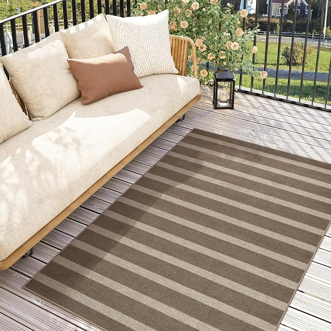 Lahome Striped Easy Jute Outdoor Patio Rug, 3x5 Washable Rugs for Porch | Indoor Living Room Area Rugs Non Slip, Modern Farmhouse Neutral Carpet for Entryway Backyard Bedroom Rv, Khaki