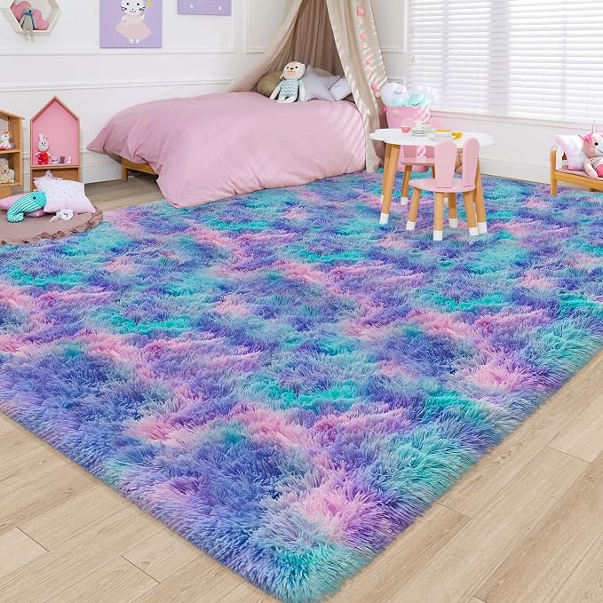 Purple Rainbow Fluffy Soft Area Rug 8x10 ft Plush Furry Rugs for Girls Bedroom Kawaii Shaggy Rug for Living Room Fuzzy Nursery Rug for Baby Toddler's Room Cute Colorful Room Decor for Kids