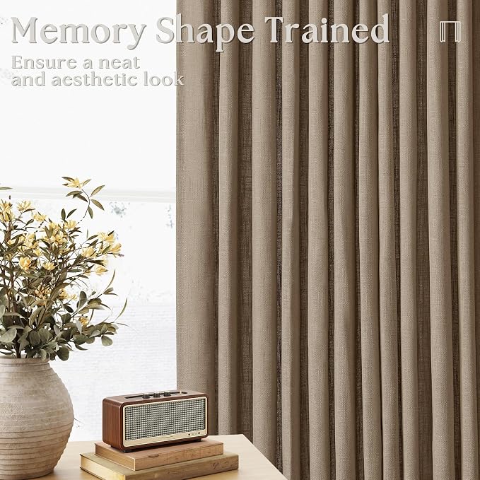 Light Brown Linen Curtains 92 Inches Long for Living Room Pinch Pleated Drape with Hooks Rings for Track System Light Filtering Farmhouse 92 Inch Curtain for Bedroom Sliding Patio Door 2 Panels
