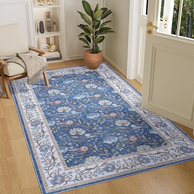DUKINO 4x6 Area Rug, Washable Vintage Floral Rug for Living Room, Sky Blue | Non Slip, Low Pile, Stain Resistant Boho Lightweight Soft Indoor Carpet for Bedroom Office Dining Room Entryway Farmhouse