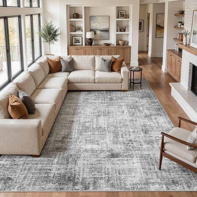 Washable 6x9 Area Rug for Living Room - Modern Abstract Carpet with Non-Slip Backing, Low Pile & Soft, Stain Resistant, Kid & Pet Friendly Decor for Bedroom & Dining Room - Black Grey