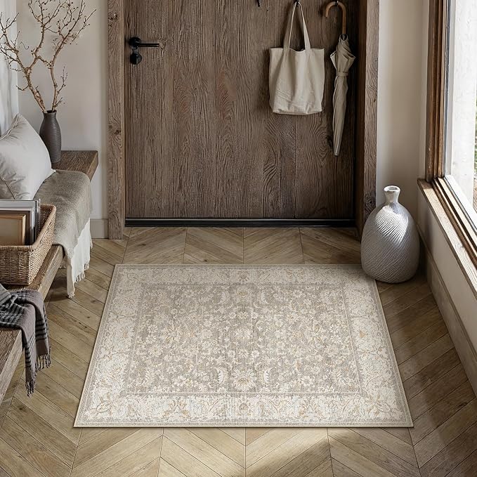 2x3 Taupe Washable Area Rug Non Slip Retro Distressed Doormat | Soft Low Pile, Lightweight Foldable, Pet Friendly, Entryway, Entrance, Kitchen, Bathroom, Laundry Room