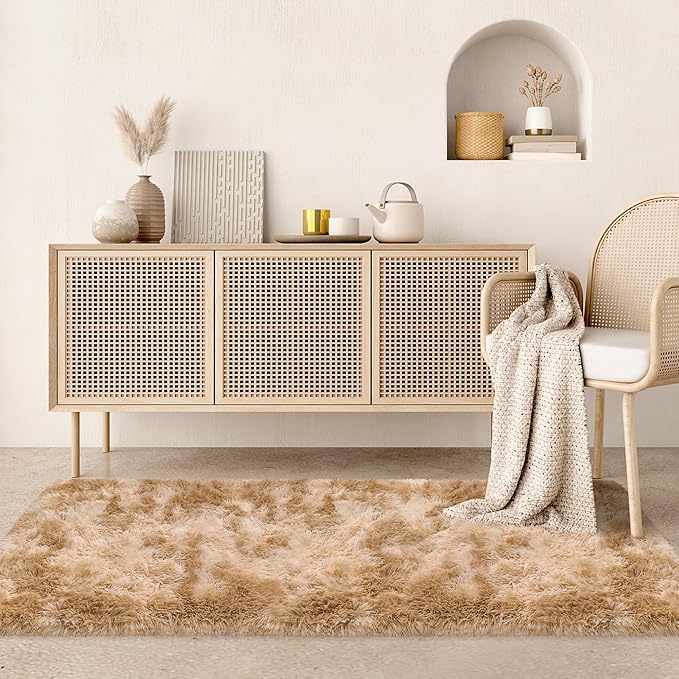 2x6 Soft Fluffy Beige Runner Rug for Bedroom Hallway, Plush Shag Rug Tan Carpet Non Slip Washable for Nursery Dorm Living Room, Fuzzy Bedside Long Rug Runner for Kids Girls Room Decor