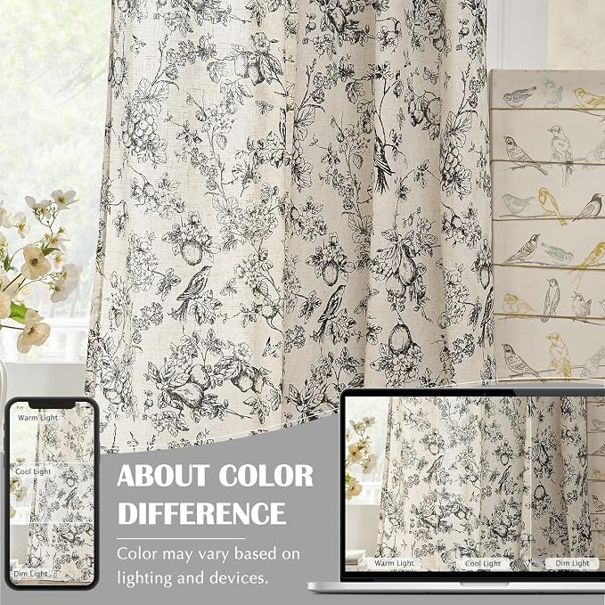 jinchan Linen Floral Curtains for Living Room 63 Inch Length Black Printed Flower Light Filtering French Country Curtain Farmhouse Cottage Core Toile Curtains Back Tab Window Drapes Set 2 Panels