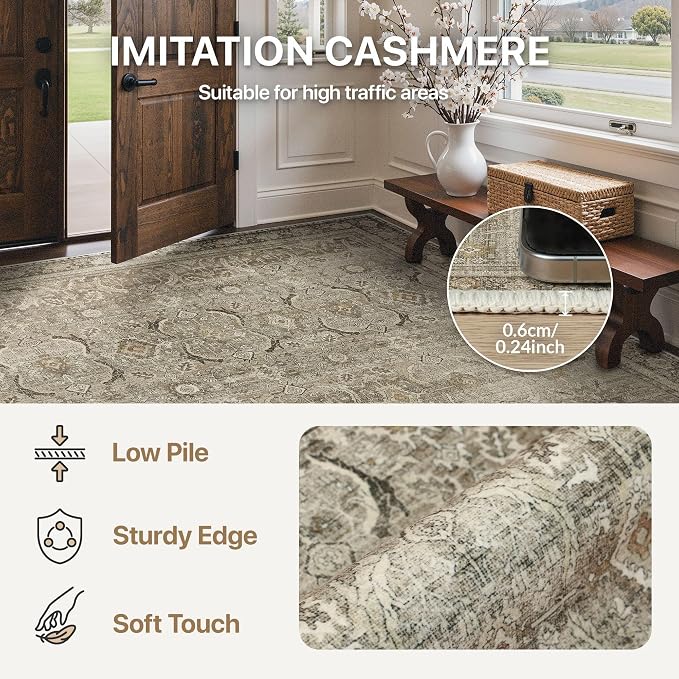 BESBLEE 3X5 Area Rugs Machine Washable Rugs for Living Room, Vintage Boho Large Rugs for Bedroom Dining Room, Non Slip Indoor Soft Distressed Lightweight Thin Low Pile Carpet, Dark Brown