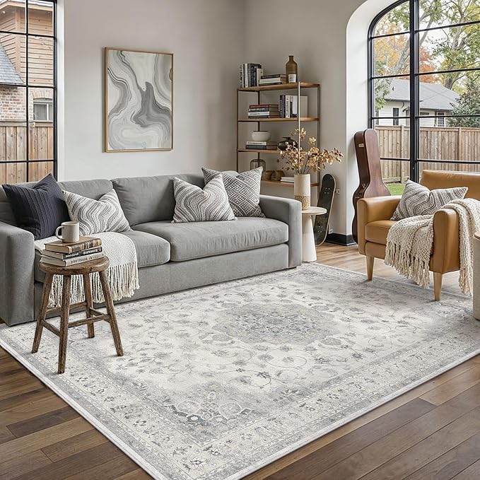 HUGEAR Area Rugs 5x7 Machine Washable Vintage Grey Living Room Bedroom Rug Throw Carpet Non Slip Stain Resistant Low Pile for Home Retro Aesthetic Modern Decor