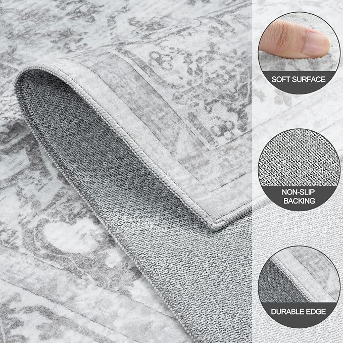 10x12 Area Rugs for Living Room:Washable Vintage Medallion Rug Non-Slip Soft Low Pile Gray Large Rugs Indoor Retro Carpet for Bedroom Kitchen Nursery Dining Table Office (Gray, 10'x12')
