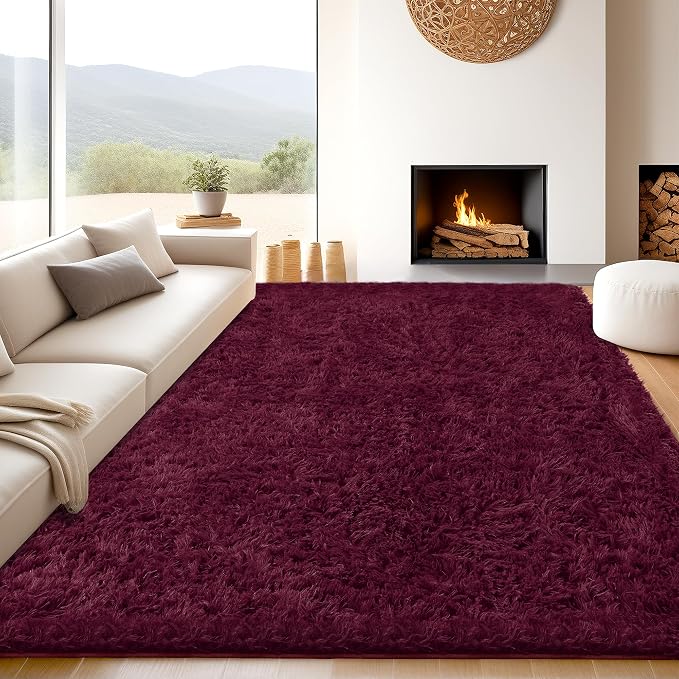 8x10 Burgundy Fluffy Shag Area Rugs for Living Room Bedroom Girls | Ultra Soft Comfy, Large Fuzzy Shaggy Plush Carpet for Nursery Kids Dorm, Modern Indoor Home Decor, Upgrade Non-Slip