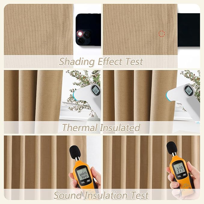 Guken 100% Blackout Linen Curtains 80 Inch Length 2 Panels Set for Living Room Bedroom Back Tab Thermal Insulated Black Out Linen Drapes Room Darkening Window Curtains,Camel Brown