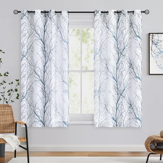 FMFUNCTEX Linen Blue White Semi Sheer Print Curtains 54 Inch Long 2 Panels | Short Sheer Branch Patterned Drapes, Light Filtering Grommet Panels for Kitchen, Bathroom Cafe Windows, and Farmhouse Curtain