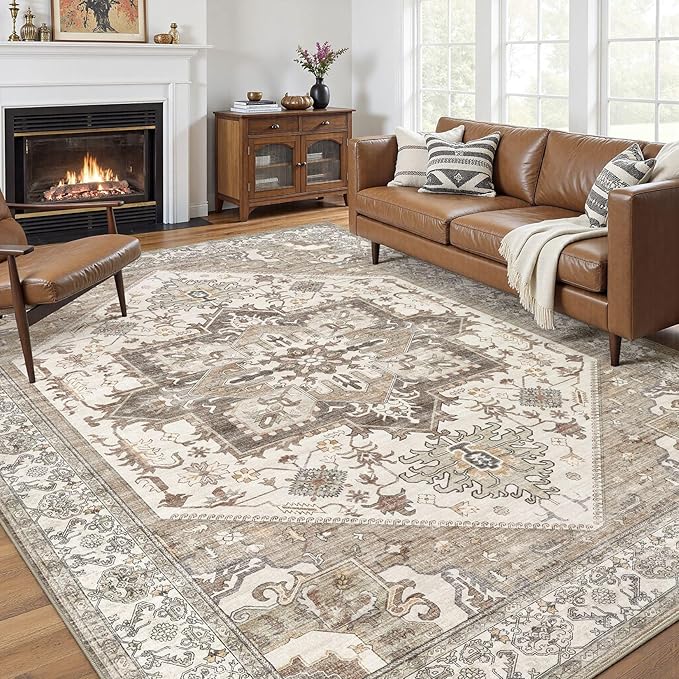 8x10 Area Rug for Living Room- Machine Washable Soft Oriental Vintage Large Indoor Floor Carpet for Bedroom Under Dining Table Home Office Decor - Beige Brown
