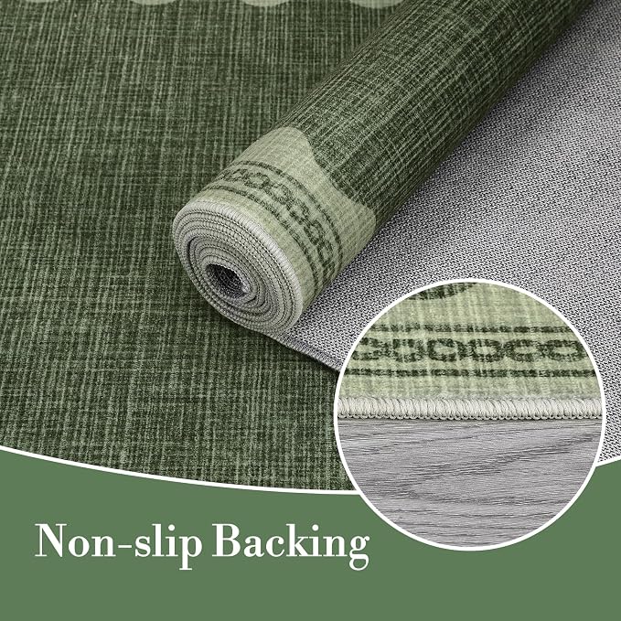 8x10 Scalloped Area Rugs Green Washable Living Room Bedroom Rug | Solid Tan Rug for Bedroom Girls, Non Slip Throw Carpet With Rubber Back, Soft Dorm Nursery Scalloped Rugs for Dining Room