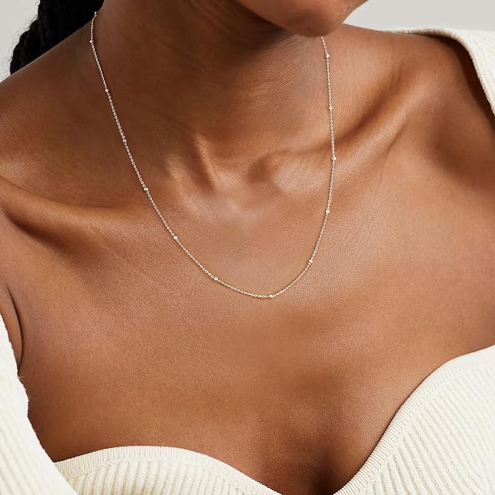 Carffordo 925 Sterling Silver Chain Necklace 16K Gold Plated Beaded Chain Necklace for Women Simple Dainty Choker Necklace Satellite Waterproof Link Necklace Trendy Jewelry Gifts