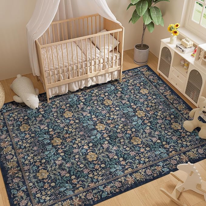 DUKINO 8x10 Area Rug, Vintage Floral Washable Rug for Living Room Dark Blue | Non Slip, Low Pile, Non-Shedding, Stain Resistant, Aesthetic Soft Indoor Large Carpet for Bedroom, Dining Room, Farmhouse