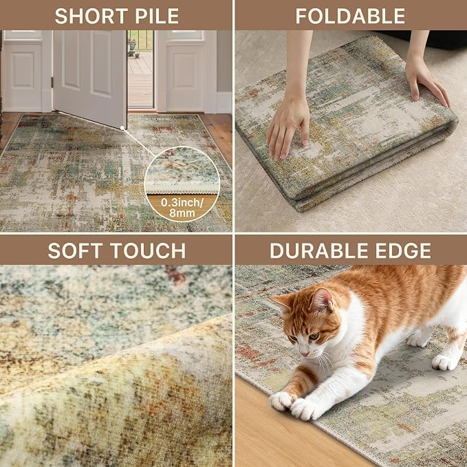 GENIMO Abstract Area Rug 5x7, Washable Large Modern Rug Non Slip, Low Pile Lightweight Soft Carpet for Living Room, Bedroom, Dining Room, Rust Green