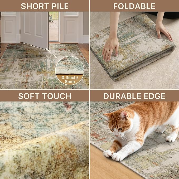 GENIMO Abstract Area Rug 8x10, Washable Large Modern Rug Non Slip, Low Pile Lightweight Soft Carpet for Living Room, Bedroom, Dining Room, Rust Green